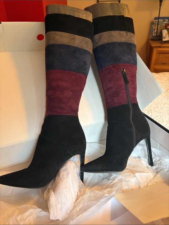 Nine West Shoes - Nine West Black Suede Multicolor Panel Knee-High Stiletto Boots